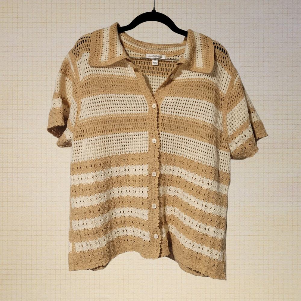 Cottagecore 70s John Paul Richard XL Crochet Button-Up Pullover Top Beige Off-Wh